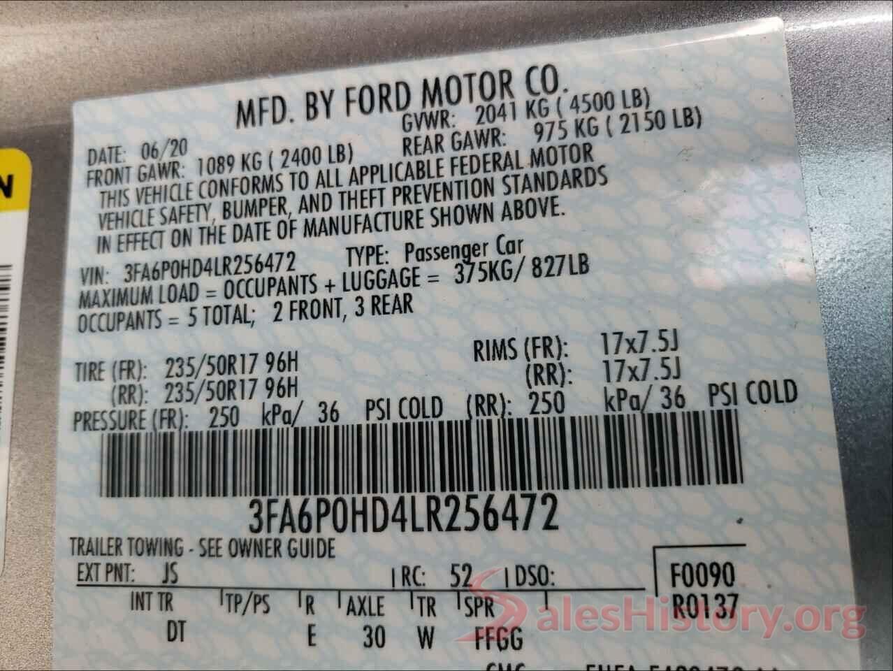 3FA6P0HD4LR256472 2020 FORD FUSION