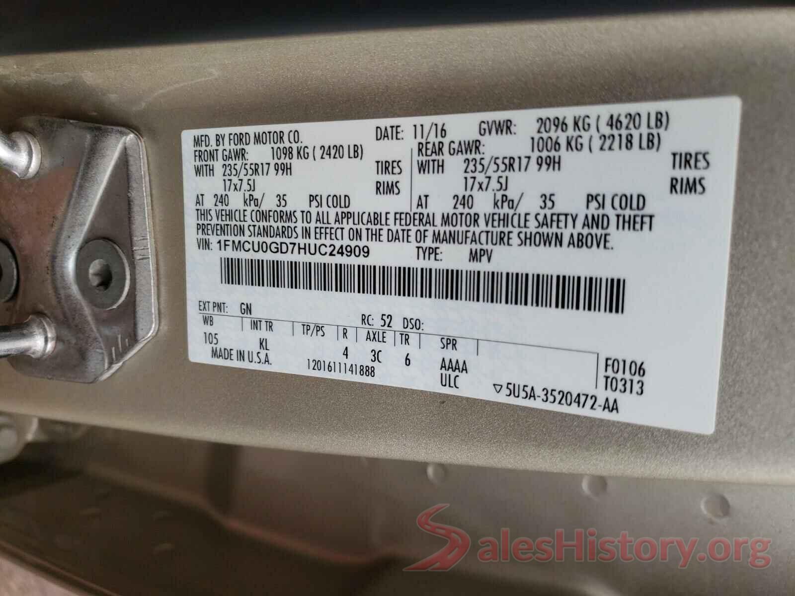 1FMCU0GD7HUC24909 2017 FORD ESCAPE