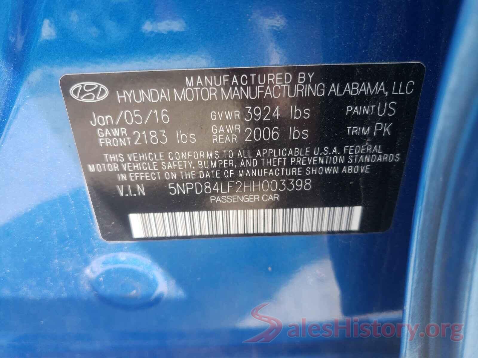 5NPD84LF2HH003398 2017 HYUNDAI ELANTRA