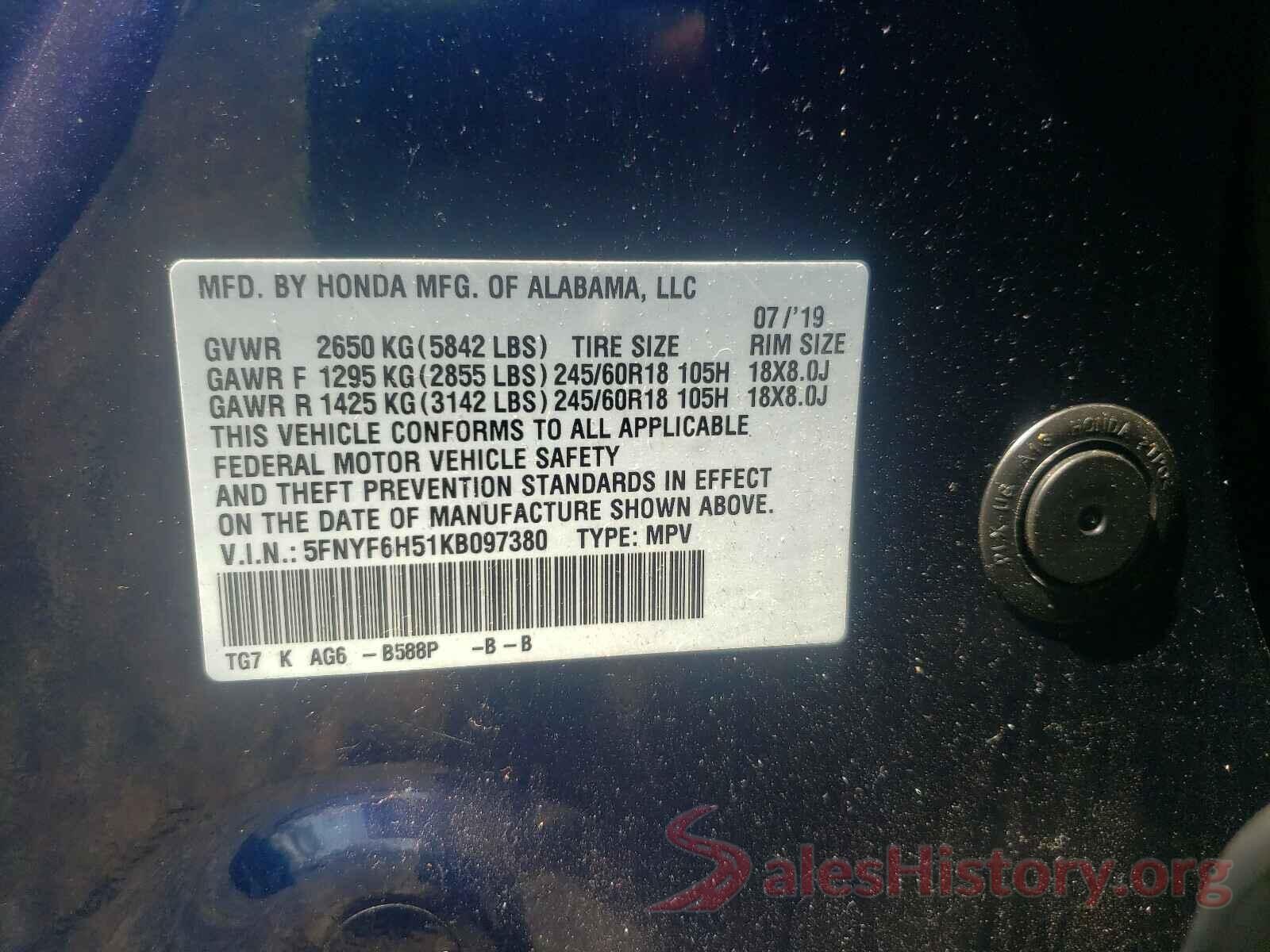 5FNYF6H51KB097380 2019 HONDA PILOT