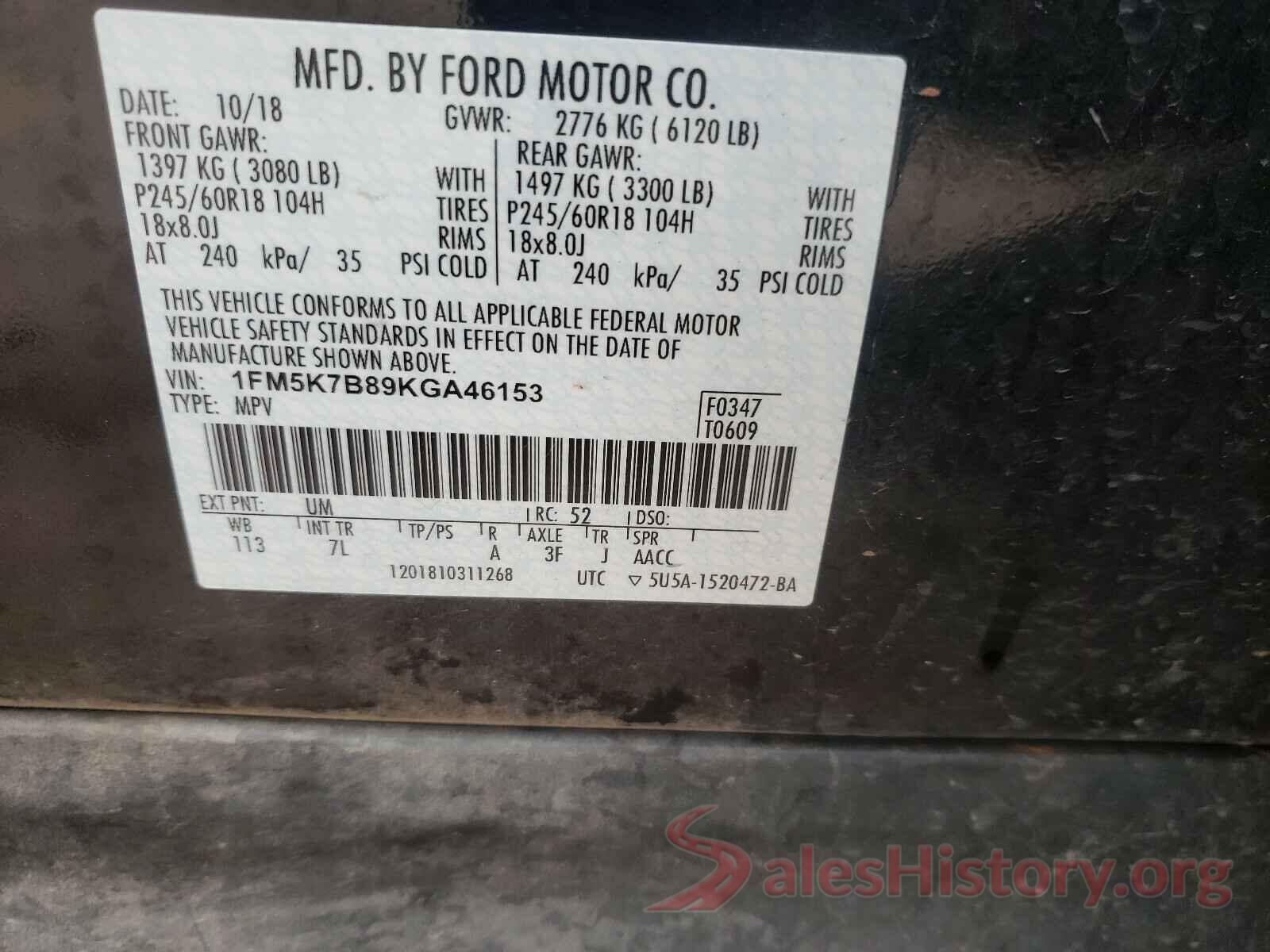 1FM5K7B89KGA46153 2019 FORD EXPLORER