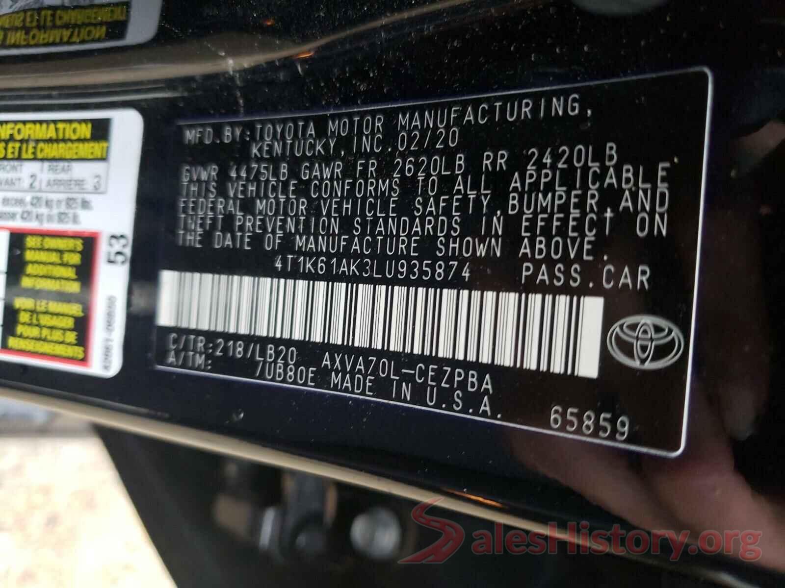 4T1K61AK3LU935874 2020 TOYOTA CAMRY