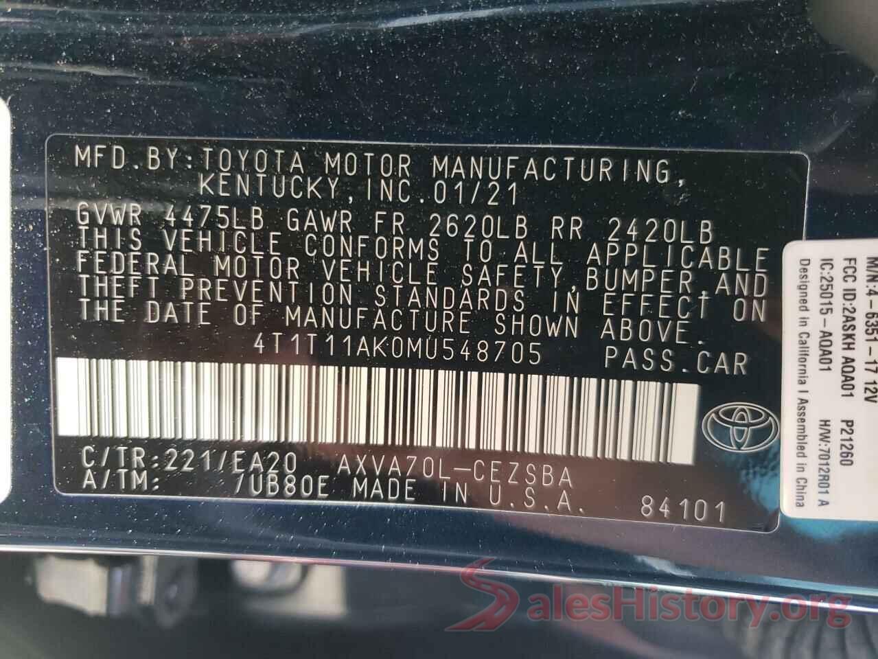 4T1T11AK0MU548705 2021 TOYOTA CAMRY