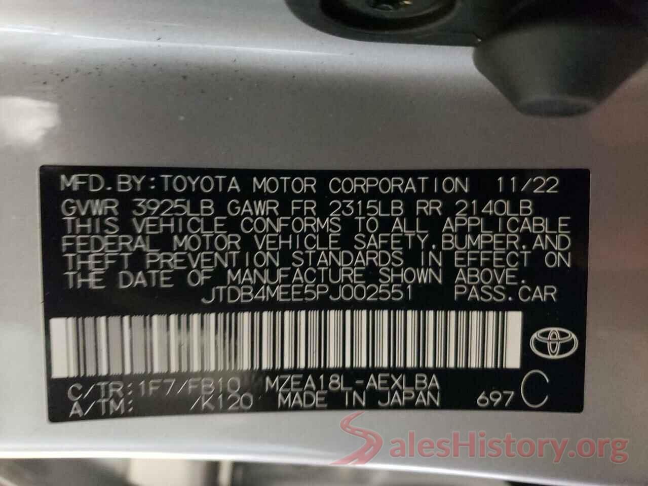 JTDB4MEE5PJ002551 2023 TOYOTA COROLLA