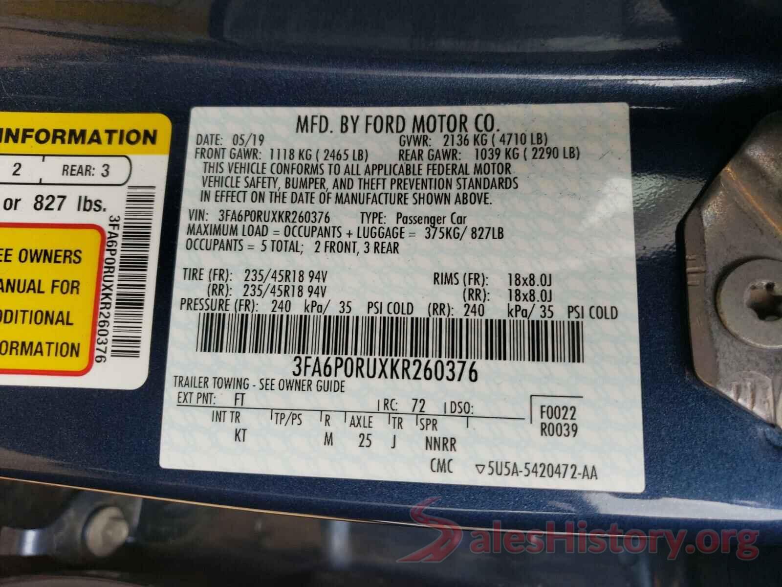 3FA6P0RUXKR260376 2019 FORD FUSION