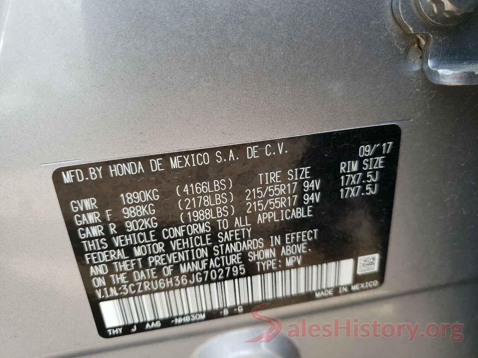 3CZRU6H36JG702795 2018 HONDA HR-V