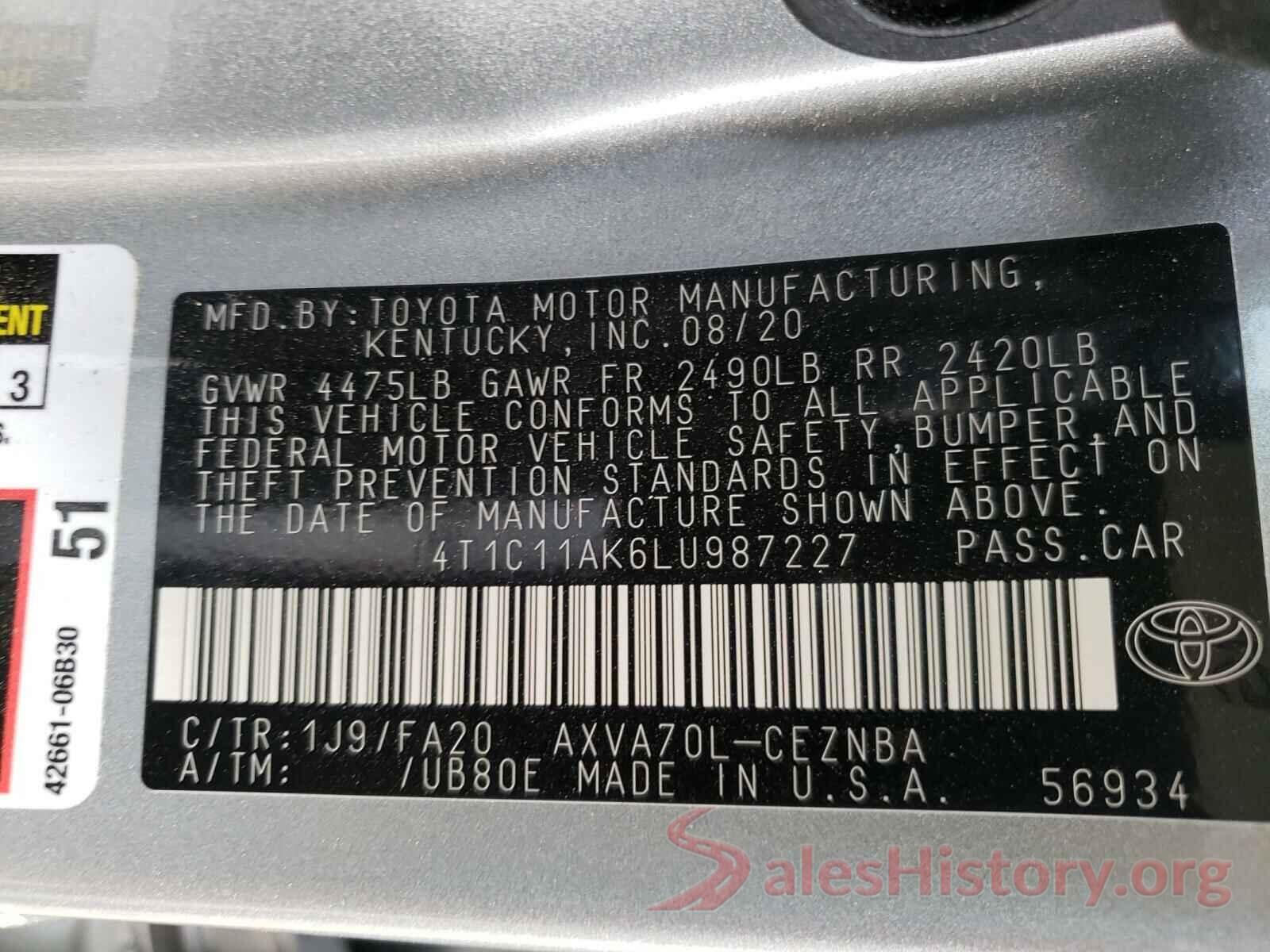 4T1C11AK6LU987227 2020 TOYOTA CAMRY