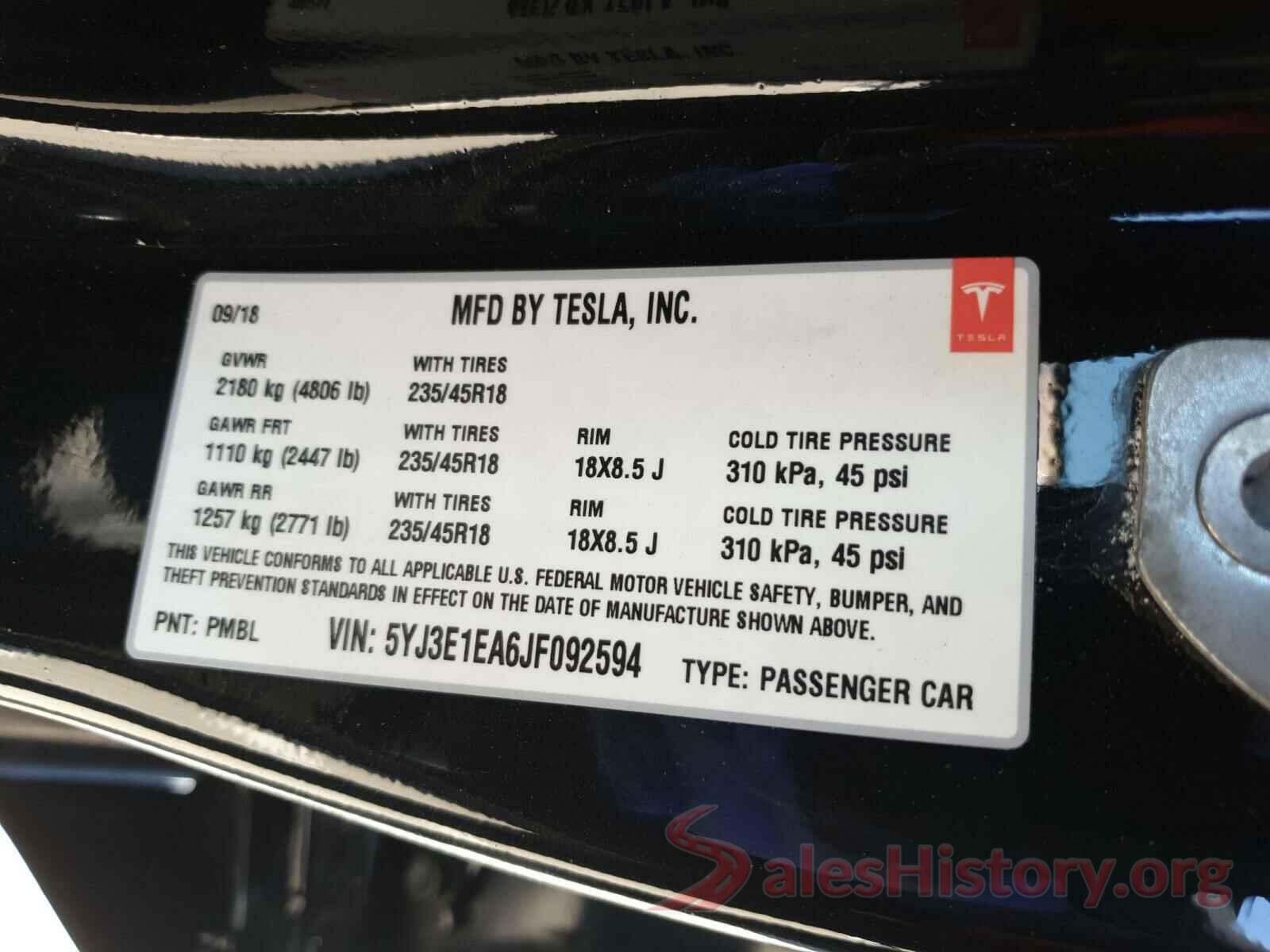 5YJ3E1EA6JF092594 2018 TESLA MODEL 3