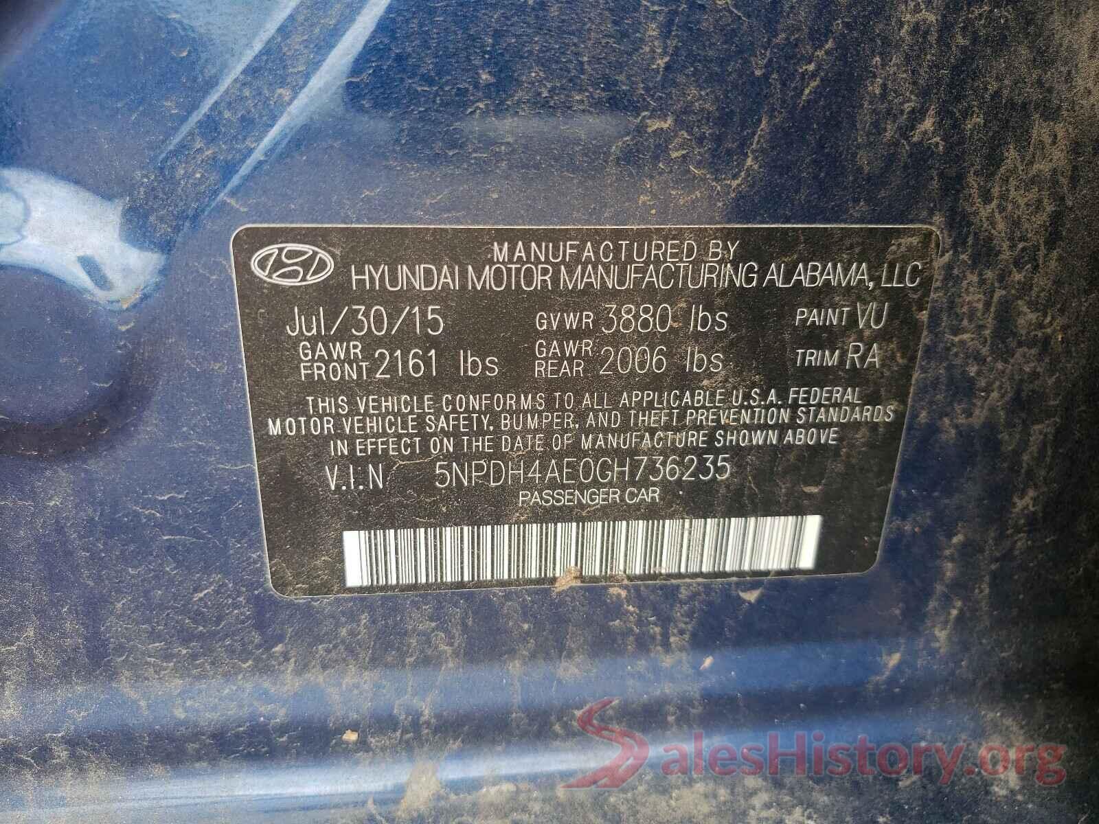 5NPDH4AE0GH736235 2016 HYUNDAI ELANTRA