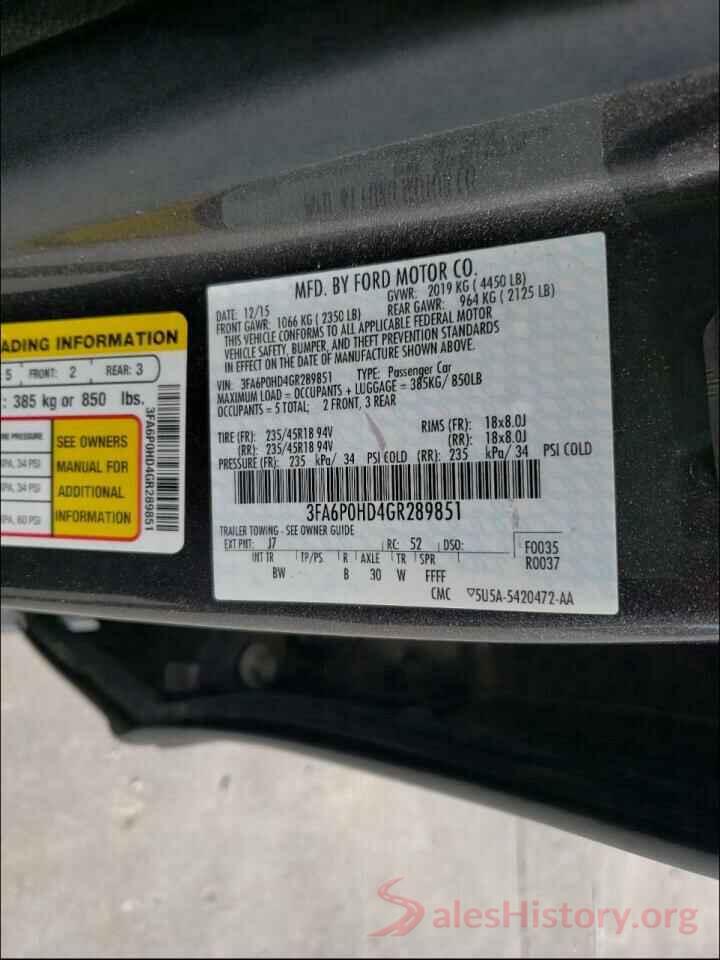 3FA6P0HD4GR289851 2016 FORD FUSION