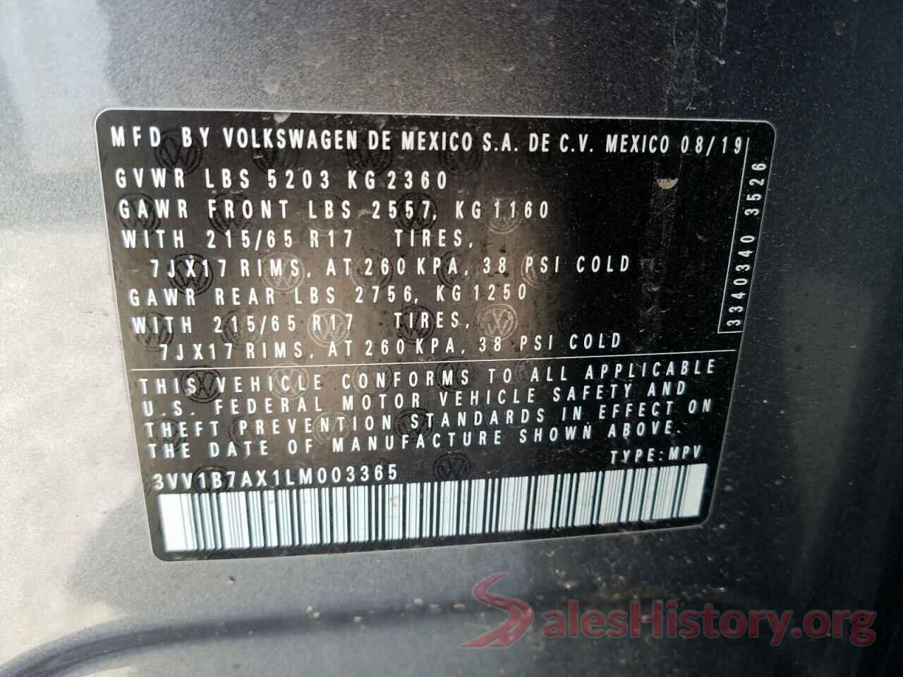 3VV1B7AX1LM003365 2020 VOLKSWAGEN TIGUAN