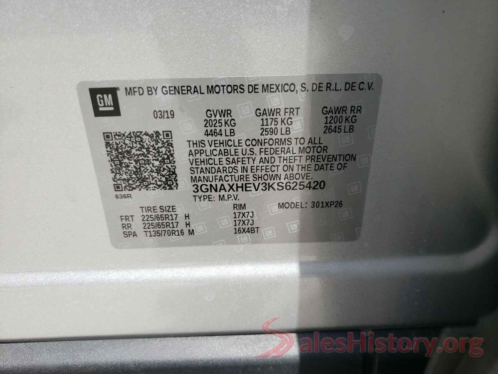 3GNAXHEV3KS625420 2019 CHEVROLET EQUINOX