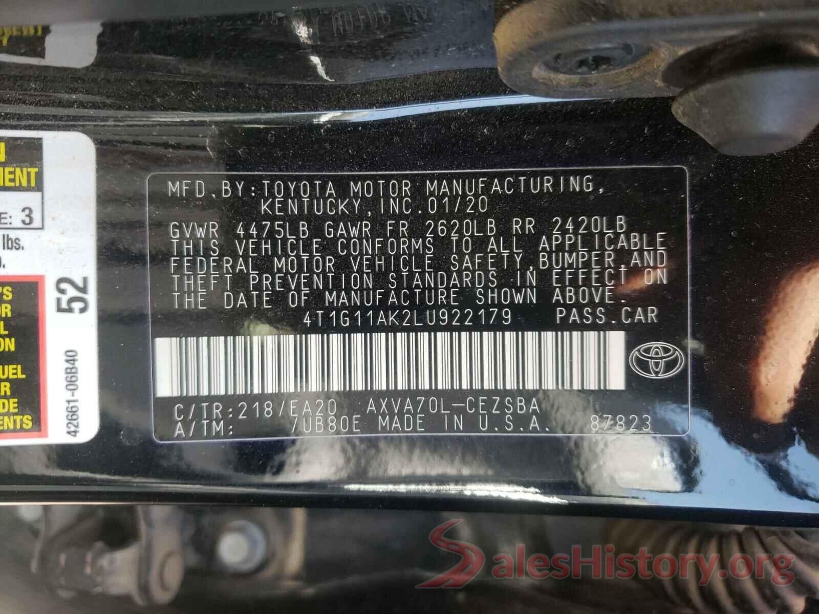 4T1G11AK2LU922179 2020 TOYOTA CAMRY