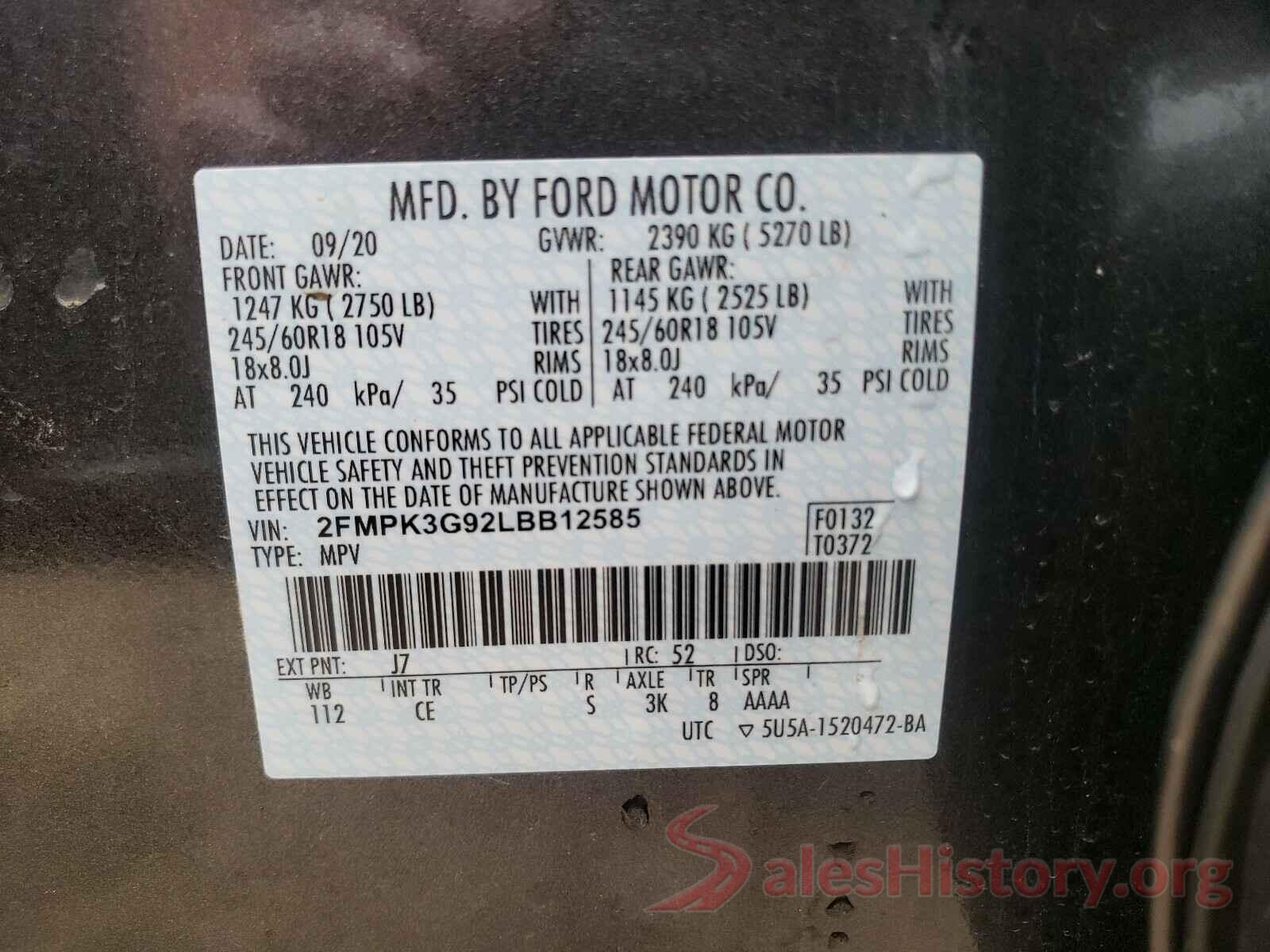 2FMPK3G92LBB12585 2020 FORD EDGE