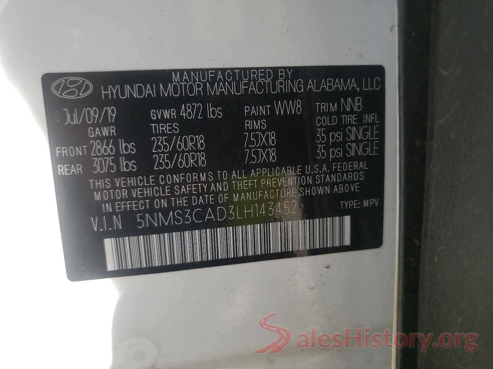 5NMS3CAD3LH143452 2020 HYUNDAI SANTA FE