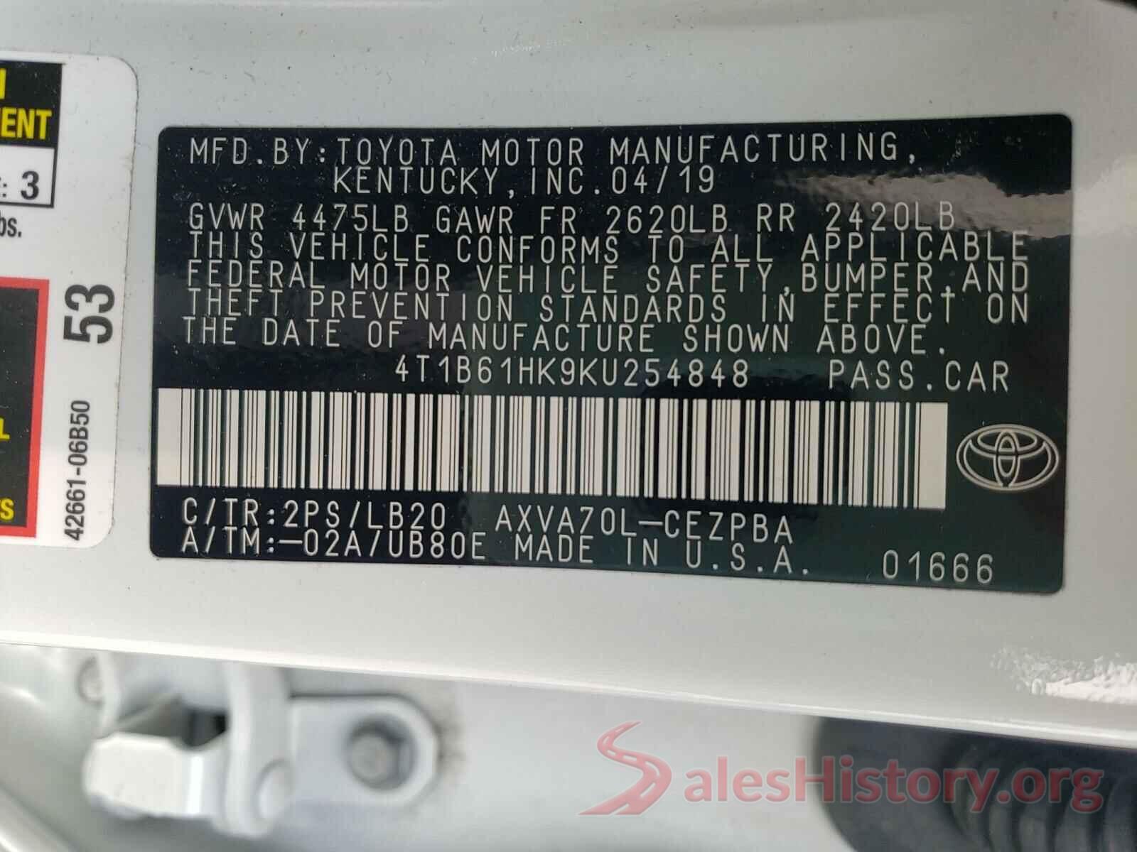 4T1B61HK9KU254848 2019 TOYOTA CAMRY