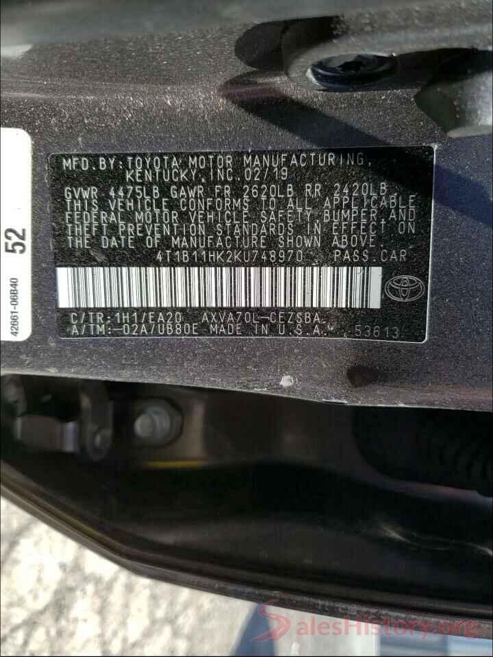 4T1B11HK2KU748970 2019 TOYOTA CAMRY