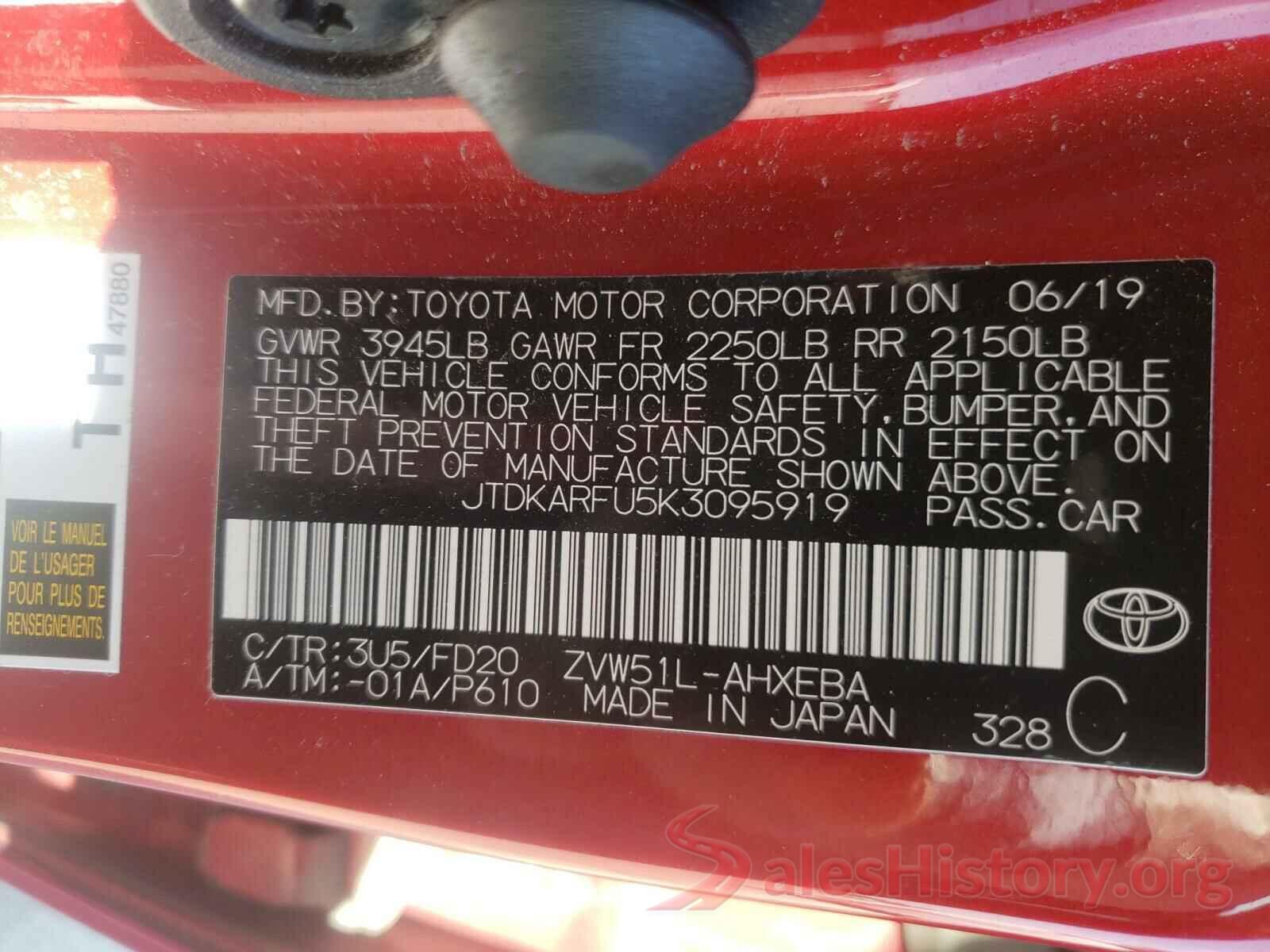 JTDKARFU5K3095919 2019 TOYOTA PRIUS