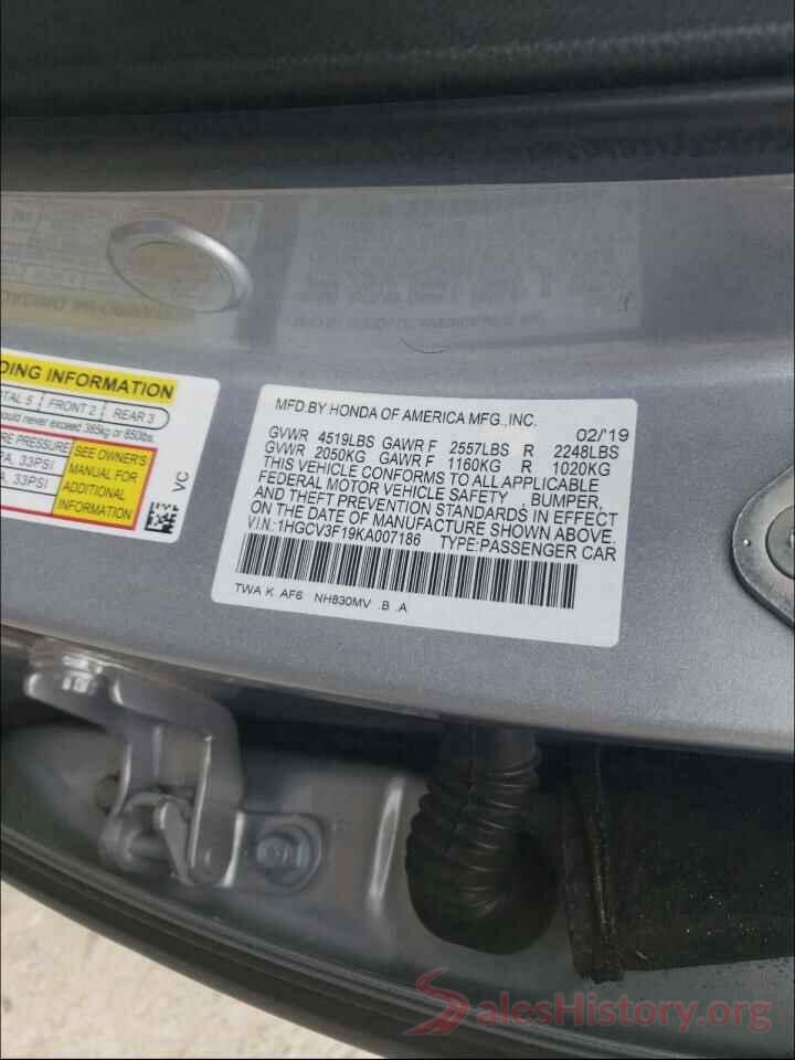 1HGCV3F19KA007186 2019 HONDA ACCORD