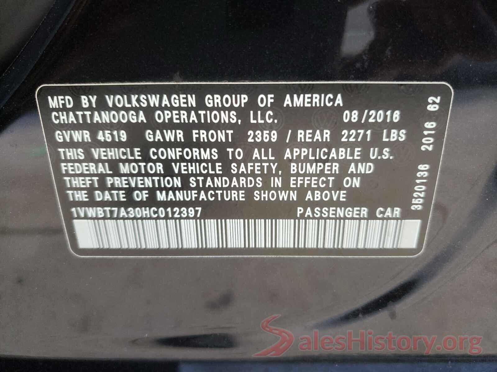 1VWBT7A30HC012397 2017 VOLKSWAGEN PASSAT