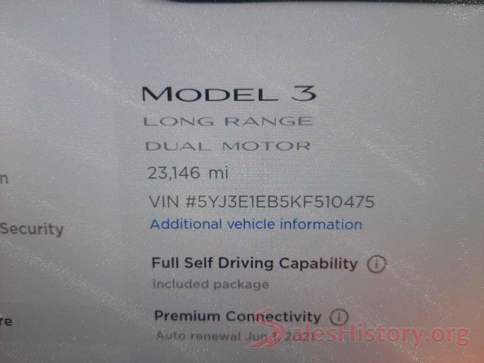 5YJ3E1EB5KF510475 2019 TESLA MODEL 3