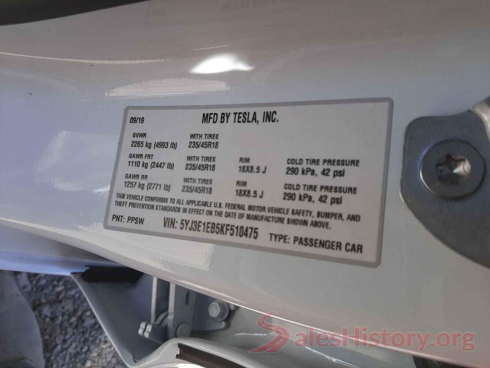 5YJ3E1EB5KF510475 2019 TESLA MODEL 3