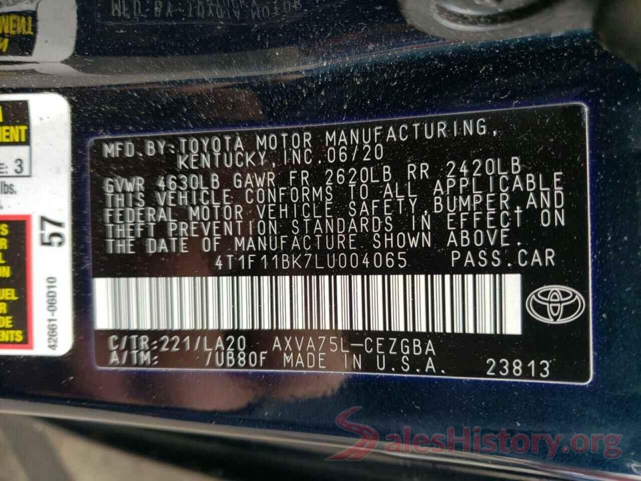 4T1F11BK7LU004065 2020 TOYOTA CAMRY