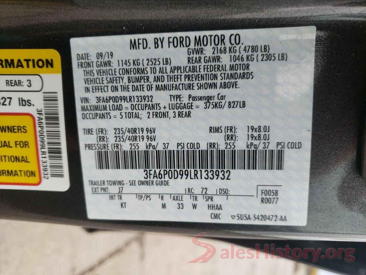 3FA6P0D99LR133932 2020 FORD FUSION