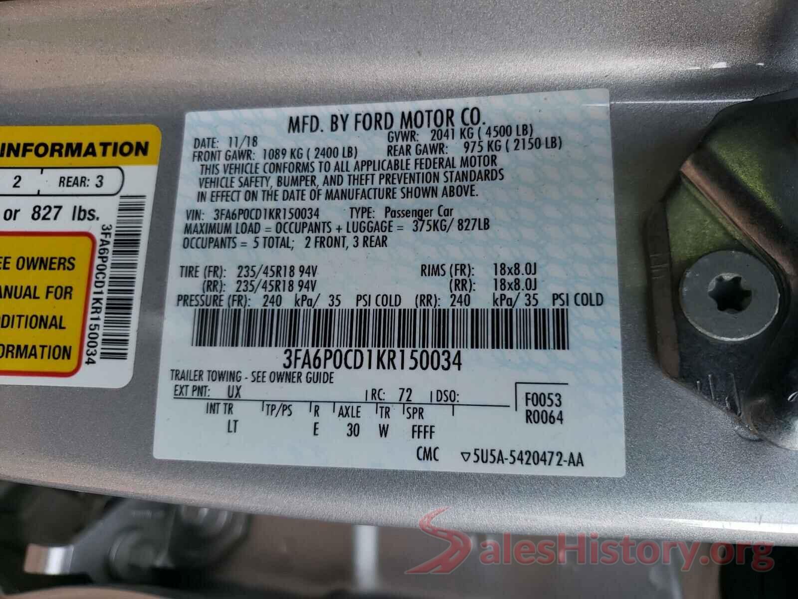 3FA6P0CD1KR150034 2019 FORD FUSION