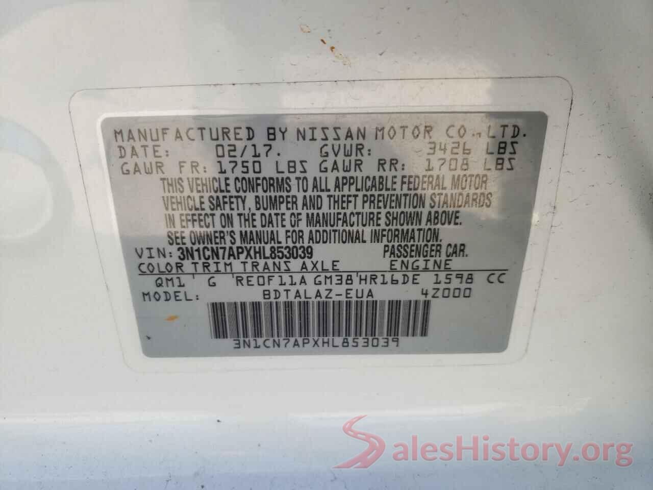 3N1CN7APXHL853039 2017 NISSAN VERSA