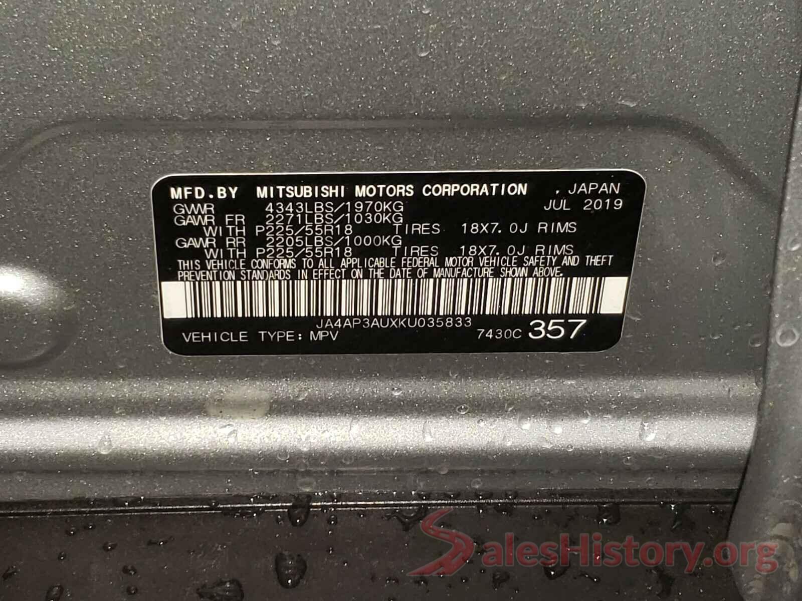 JA4AP3AUXKU035833 2019 MITSUBISHI OUTLANDER