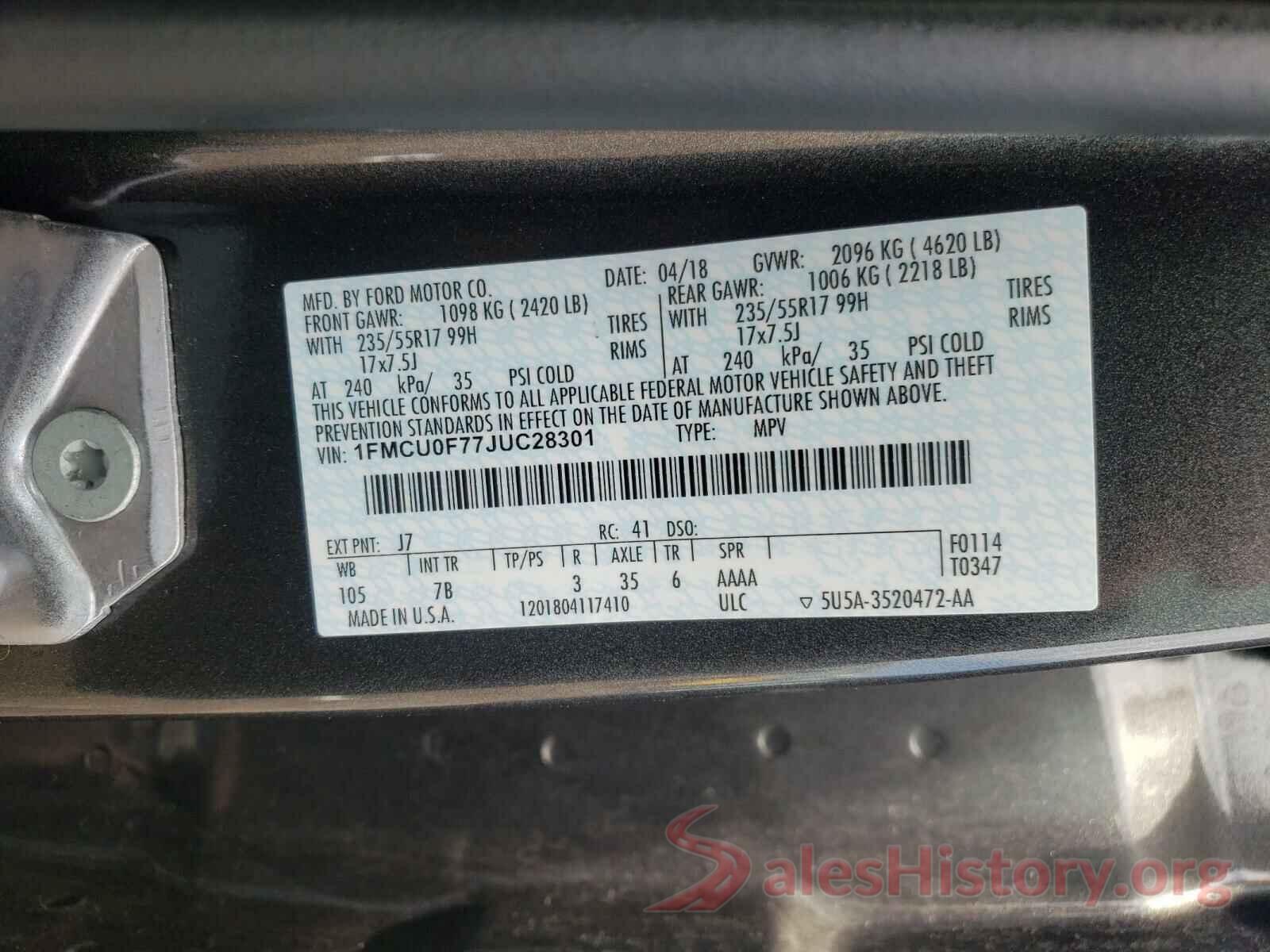 1FMCU0F77JUC28301 2018 FORD ESCAPE