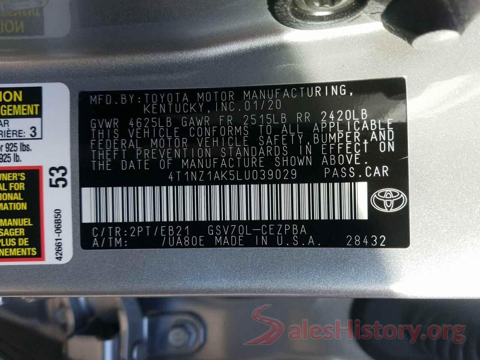 4T1NZ1AK5LU039029 2020 TOYOTA CAMRY