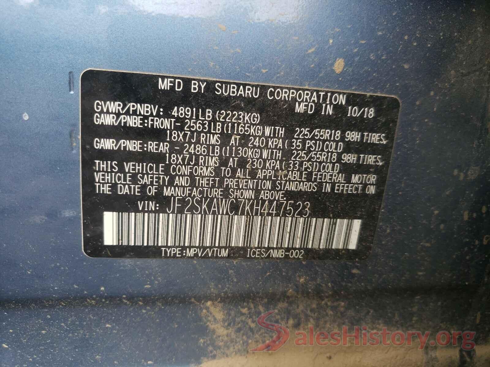 JF2SKAWC7KH447523 2019 SUBARU FORESTER