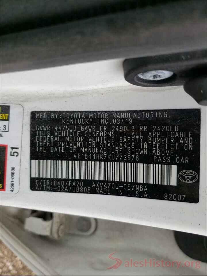 4T1B11HK7KU773976 2019 TOYOTA CAMRY