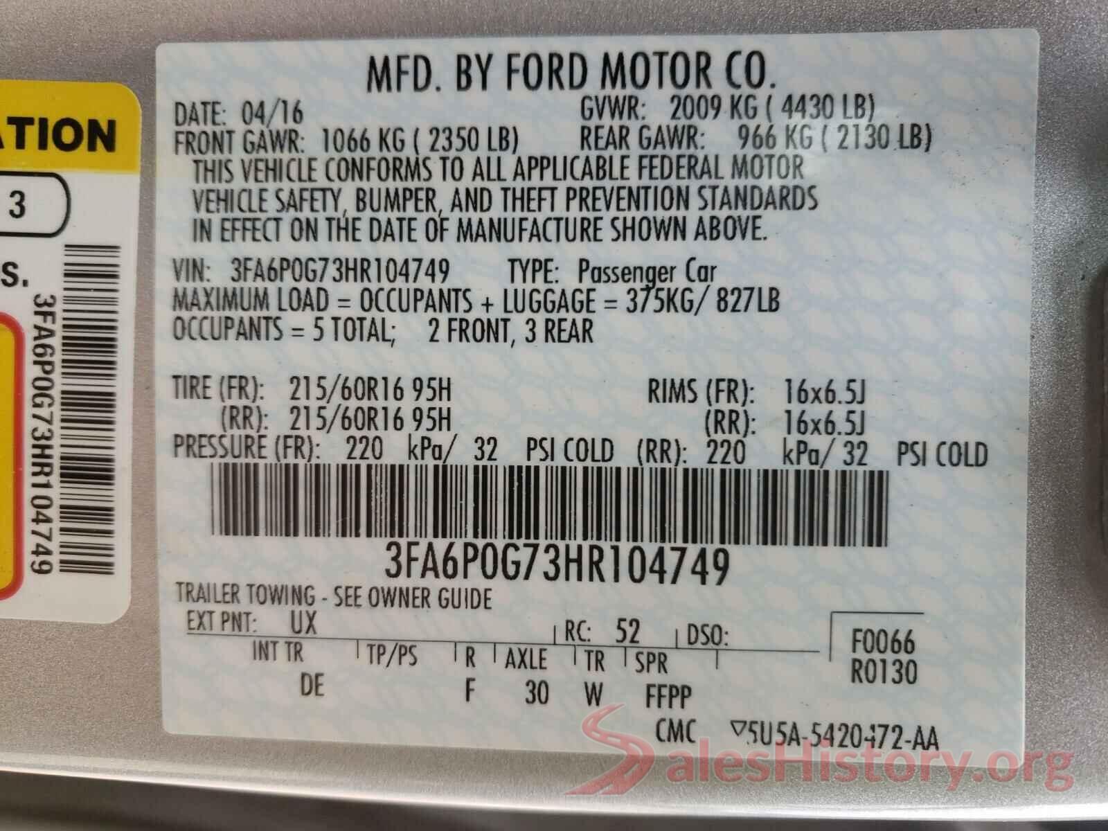 3FA6P0G73HR104749 2017 FORD FUSION