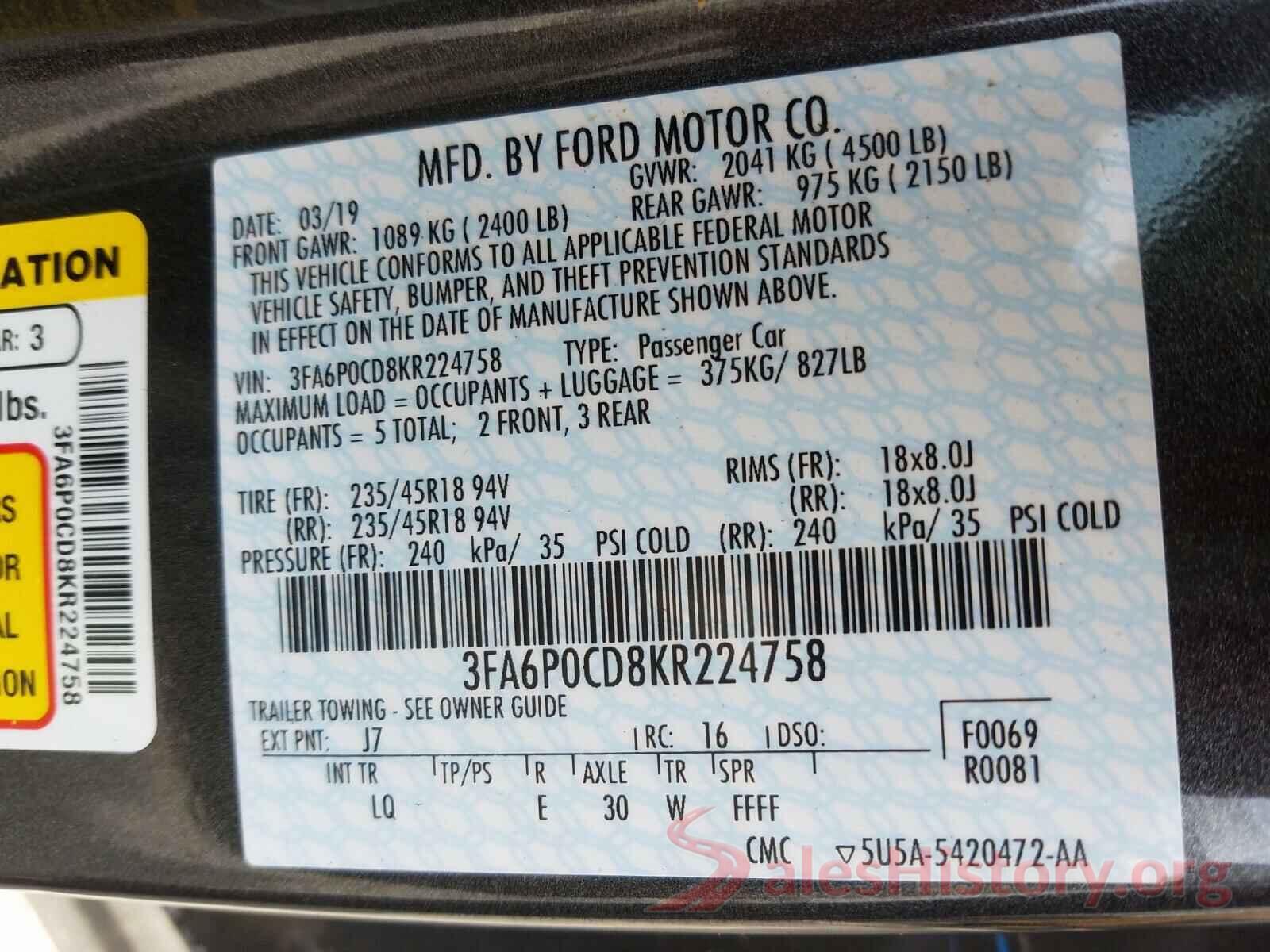 3FA6P0CD8KR224758 2019 FORD FUSION