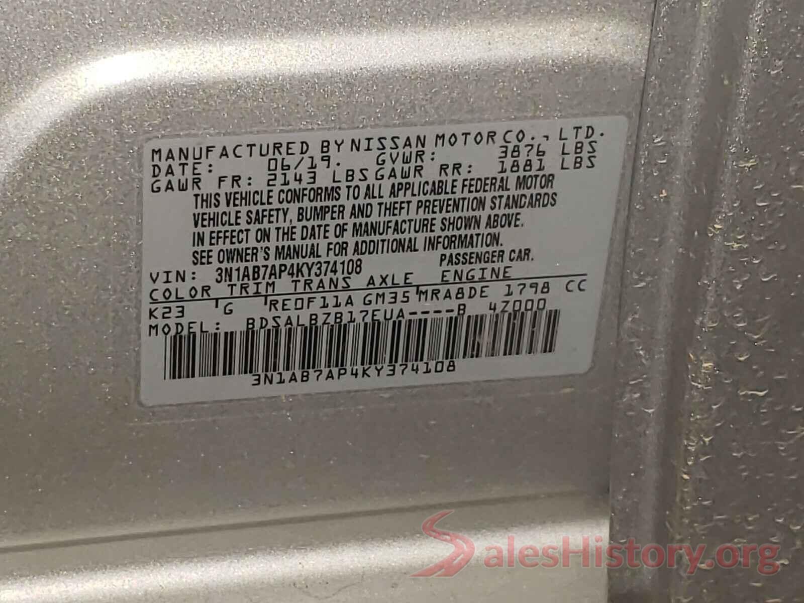 3N1AB7AP4KY374108 2019 NISSAN SENTRA