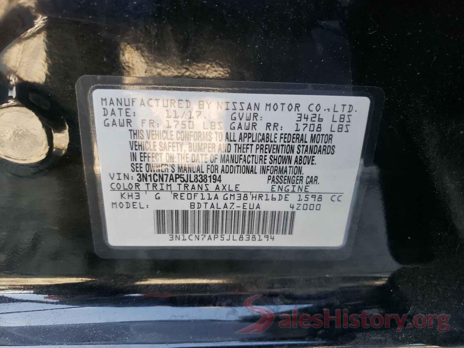 3N1CN7AP5JL838194 2018 NISSAN VERSA