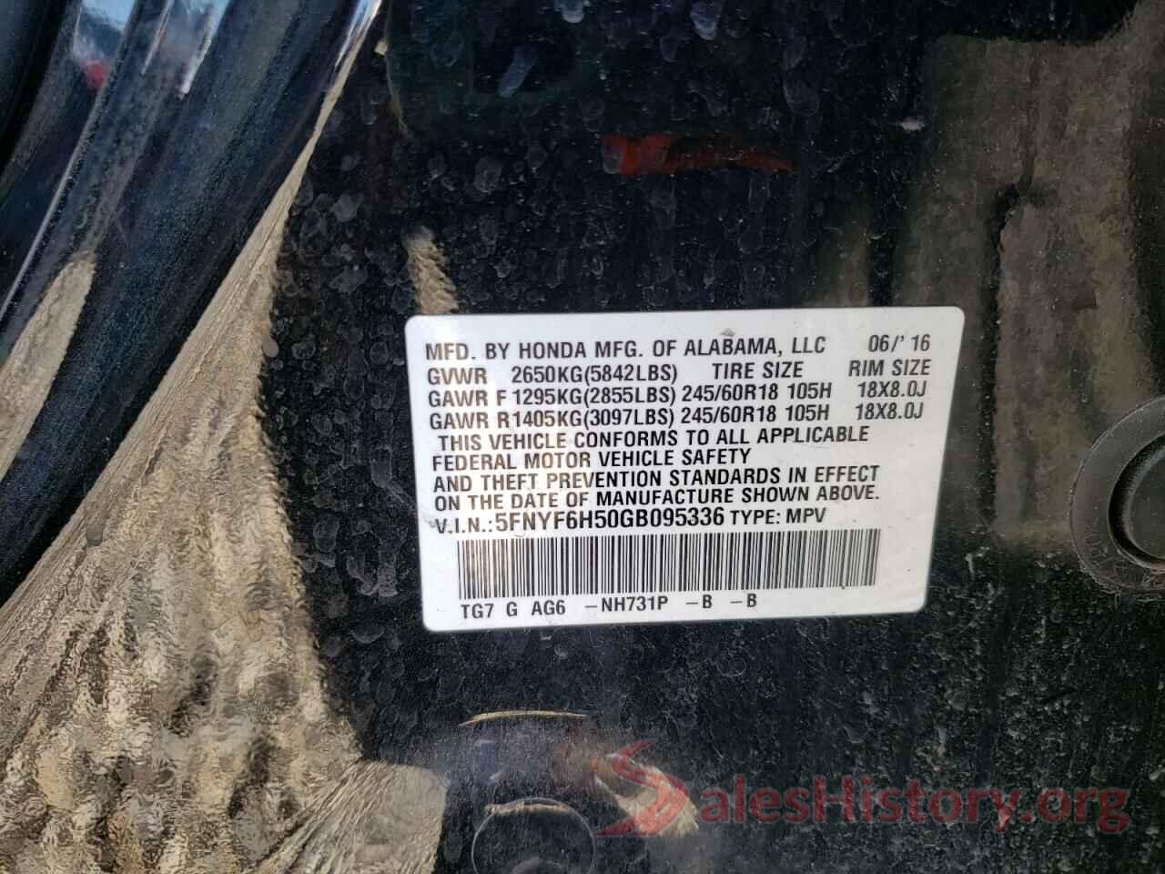 5FNYF6H50GB095336 2016 HONDA PILOT