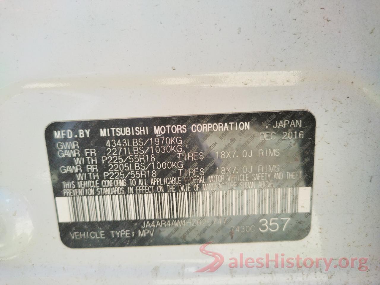 JA4AR4AW4HZ025747 2017 MITSUBISHI OUTLANDER