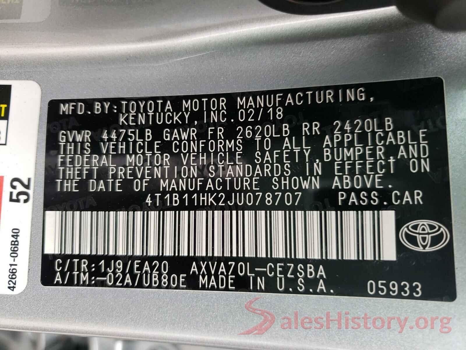 4T1B11HK2JU078707 2018 TOYOTA CAMRY