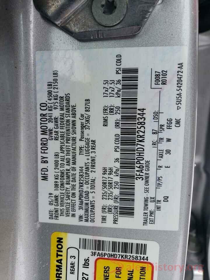 3FA6P0HD7KR258344 2019 FORD FUSION