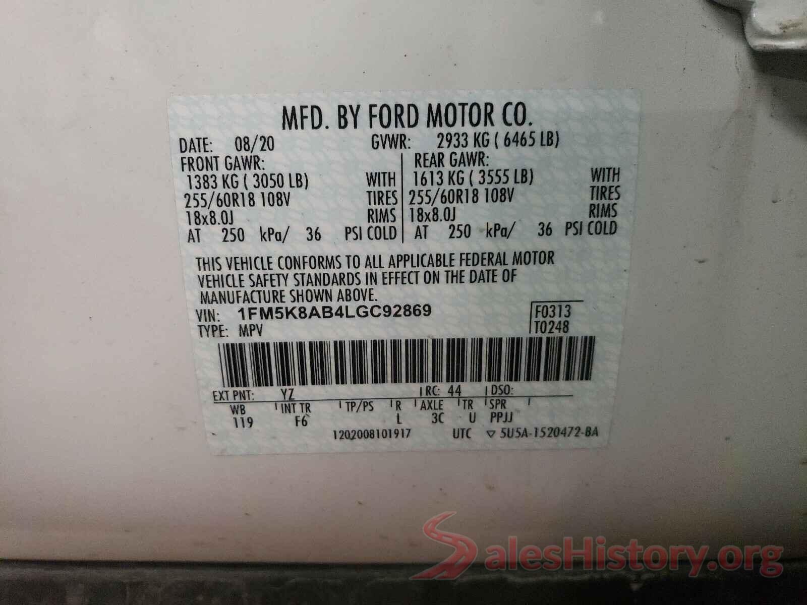 1FM5K8AB4LGC92869 2020 FORD EXPLORER