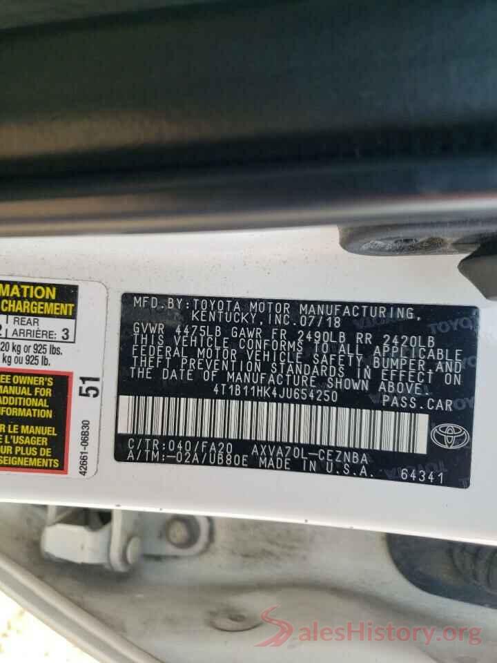 4T1B11HK4JU654250 2018 TOYOTA CAMRY