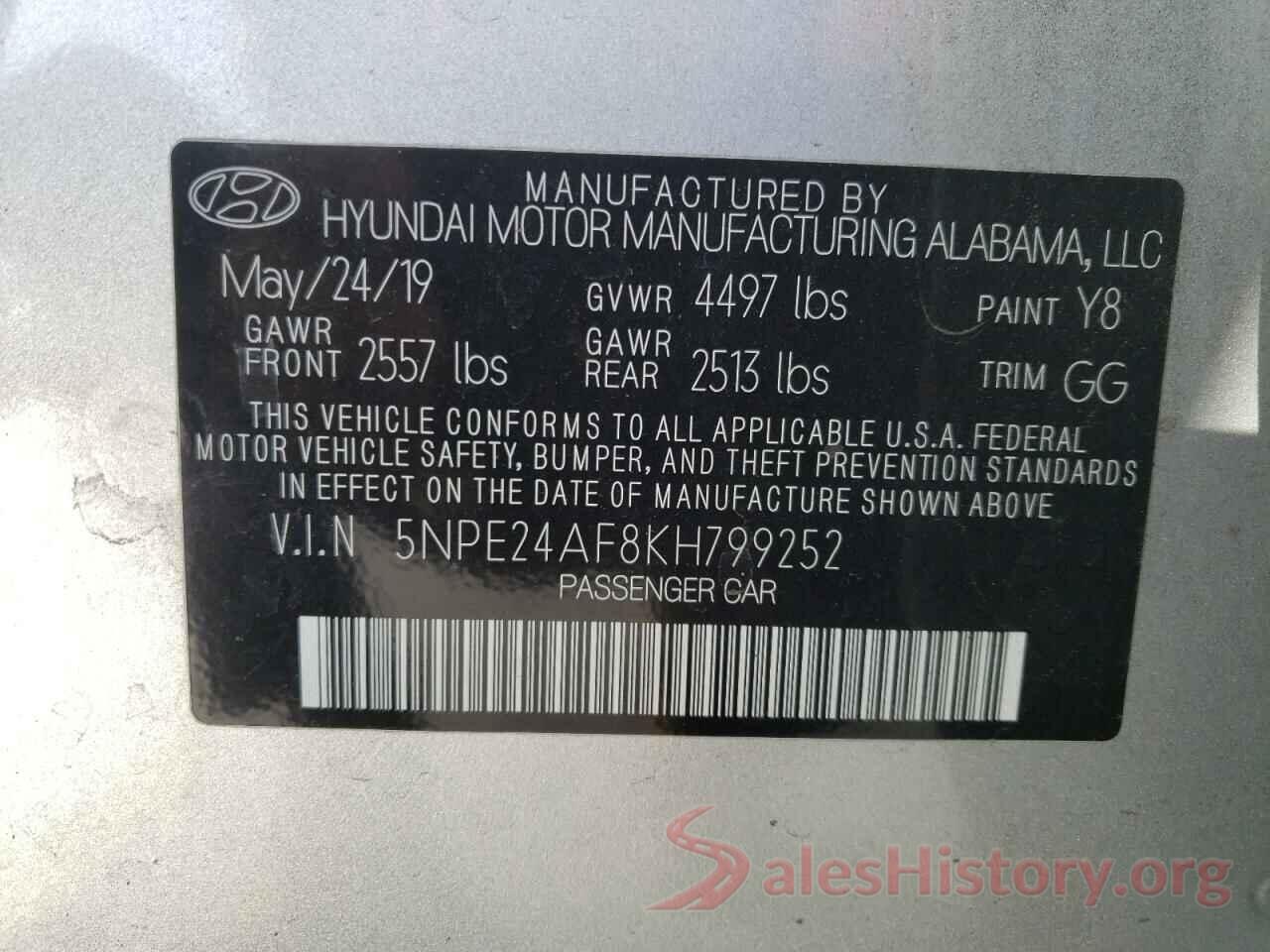 5NPE24AF8KH799252 2019 HYUNDAI SONATA