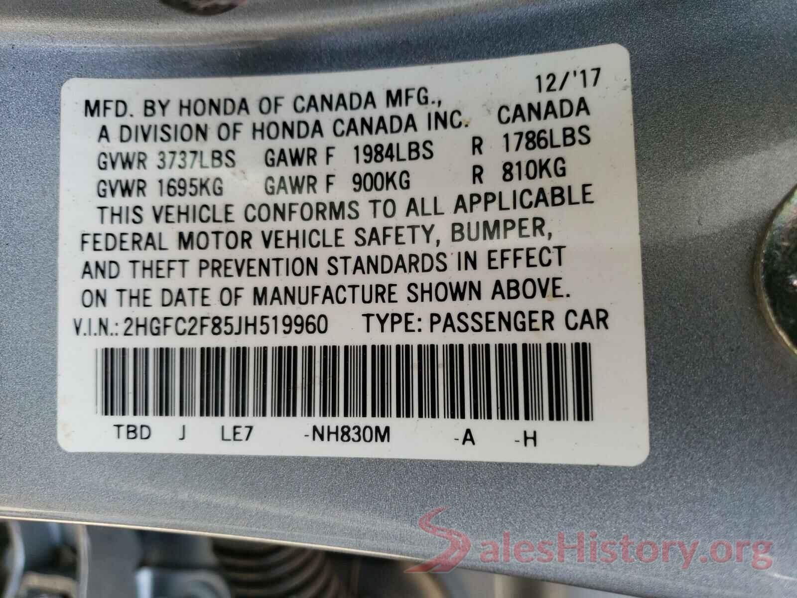 2HGFC2F85JH519960 2018 HONDA CIVIC