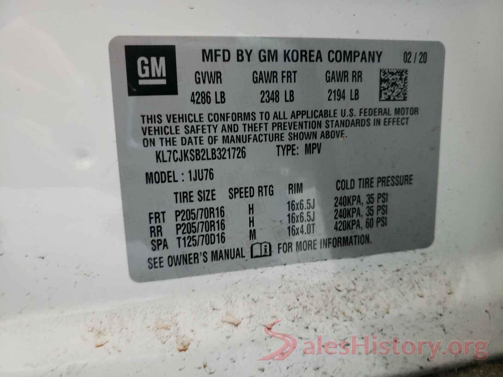 KL7CJKSB2LB321726 2020 CHEVROLET TRAX