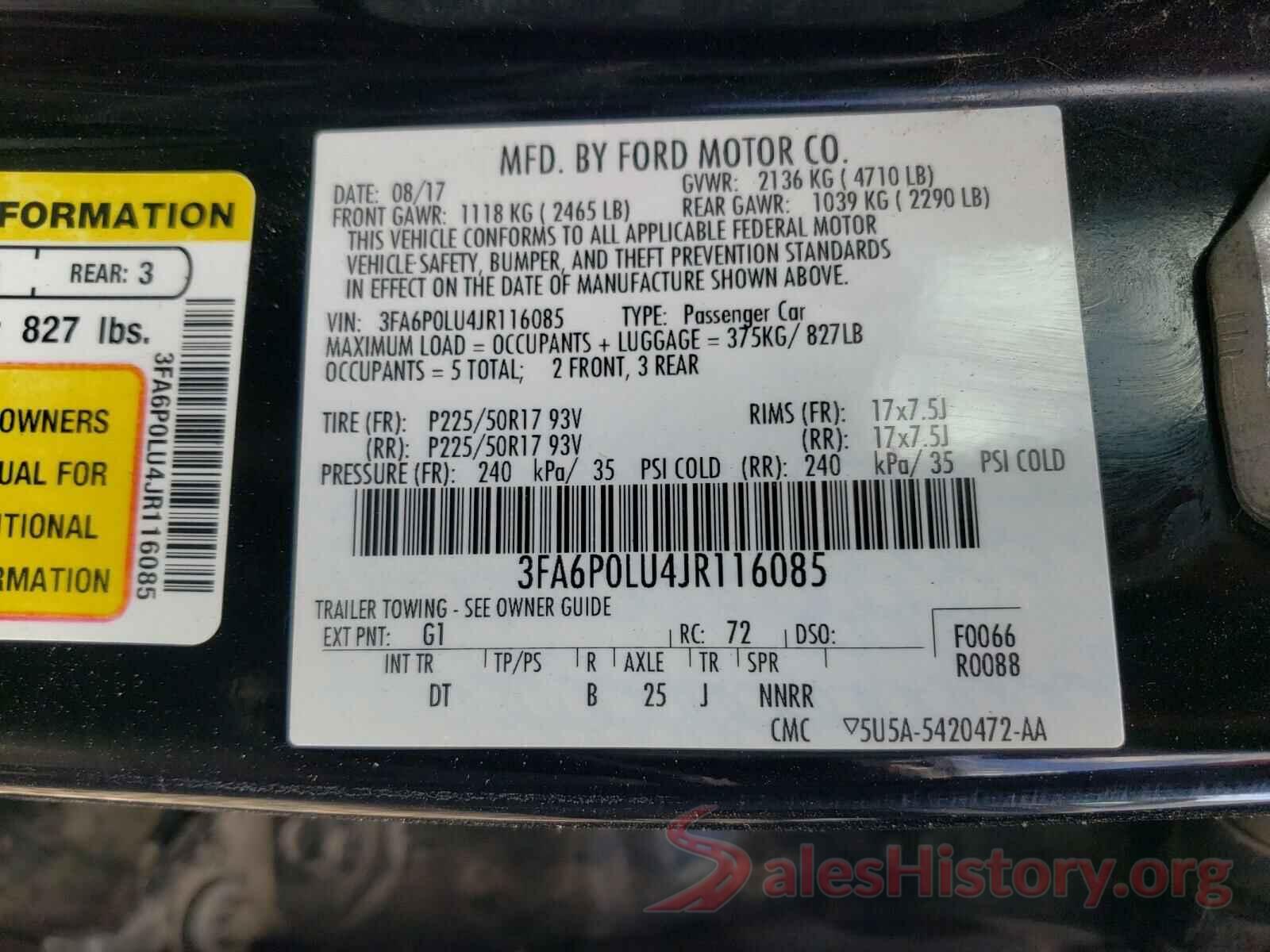 3FA6P0LU4JR116085 2018 FORD FUSION