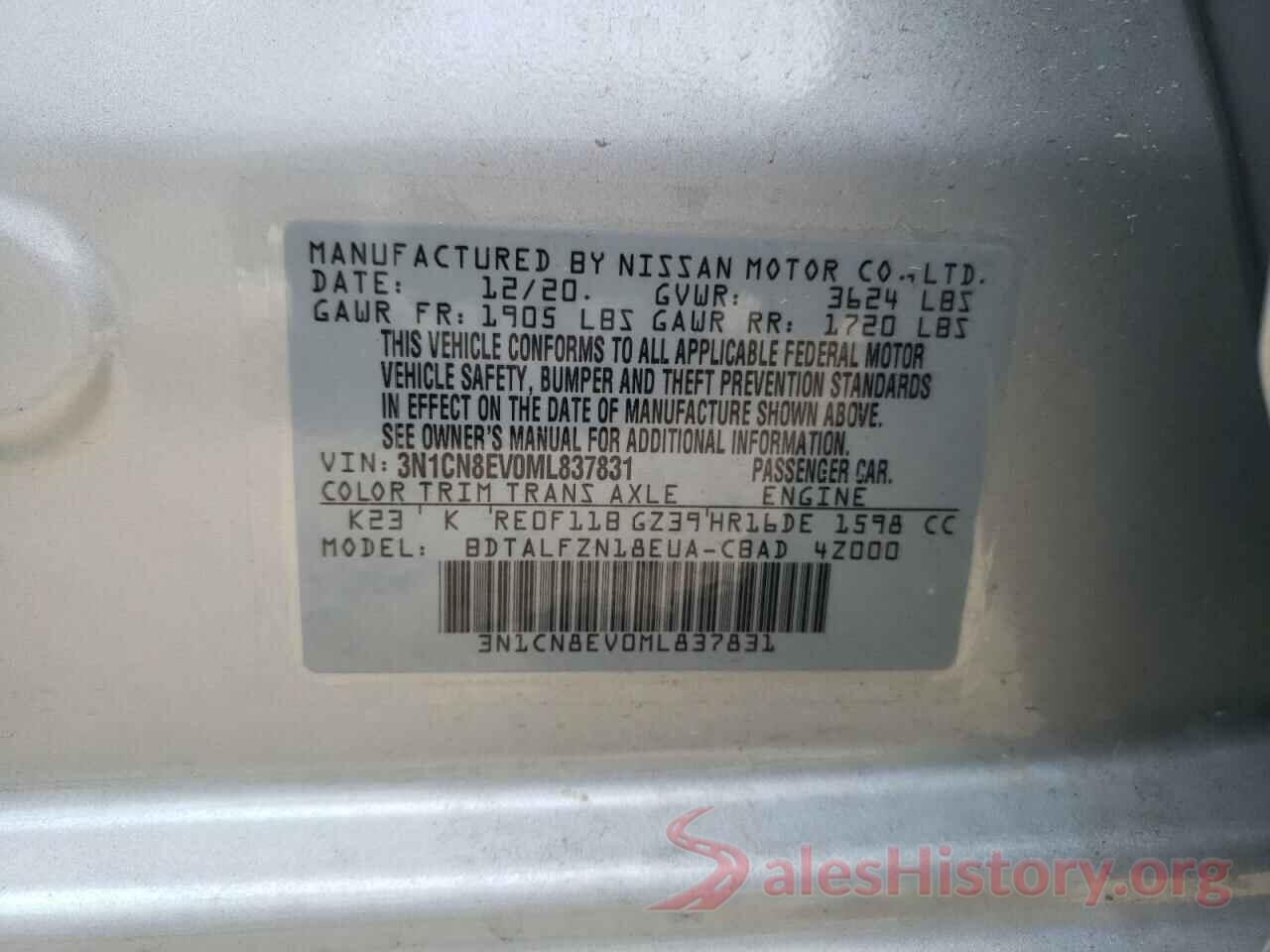 3N1CN8EV0ML837831 2021 NISSAN VERSA